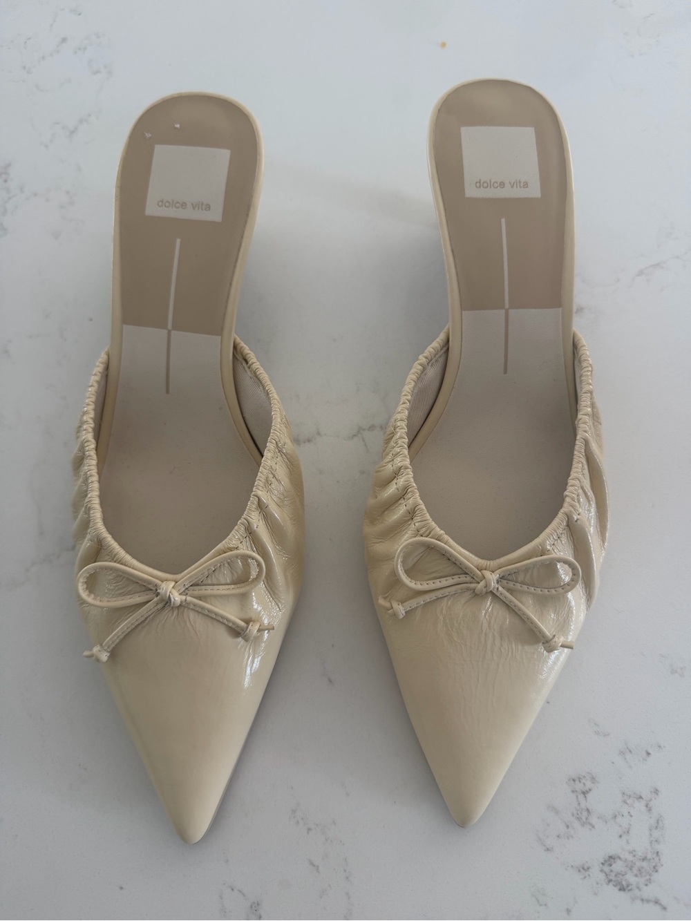 Dolce Vita Cream Patent Leather Bow Kitten Heel Mules | Size 8 | New Without Box